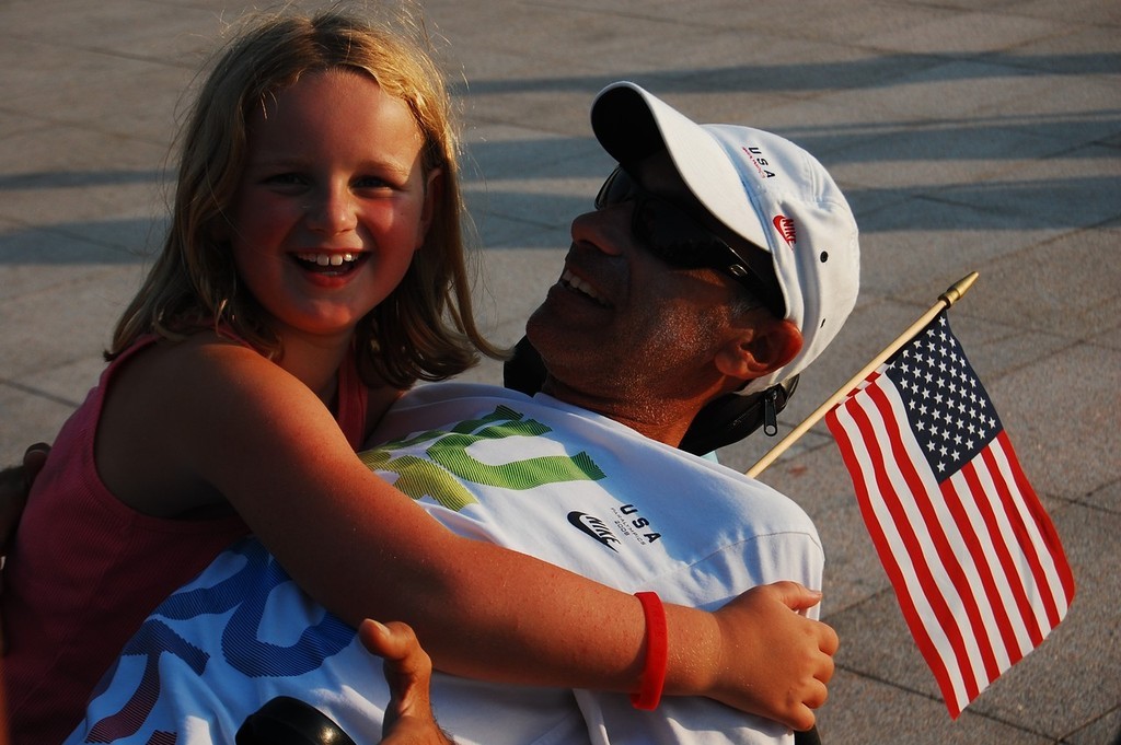 Another big hug for Nick Scandone winner of the Gold Medal for the USA in the SKUD 19 class at the 2008 Paralympics   © Dan Tucker http://sailchallengeinspire.org/